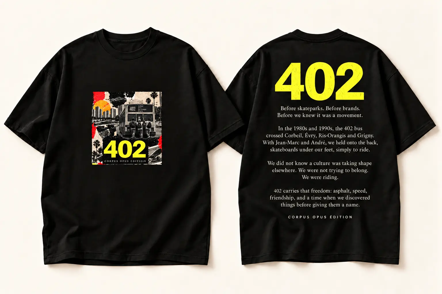 Design study for the black Corpus Opus Édition 402 T-shirt, with a small square bus-and-skateboard print centered on the front and the story on the back