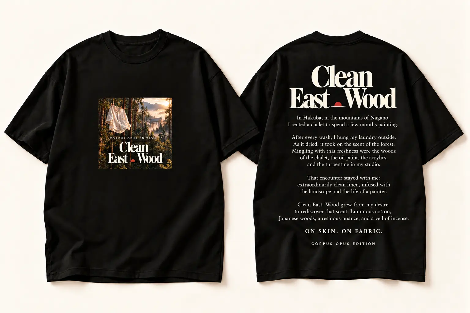 Design study of a black Corpus Opus Édition Clean East. Wood T-shirt, with a small square forest-and-linen artwork on the front and the story of Hakuba on the back