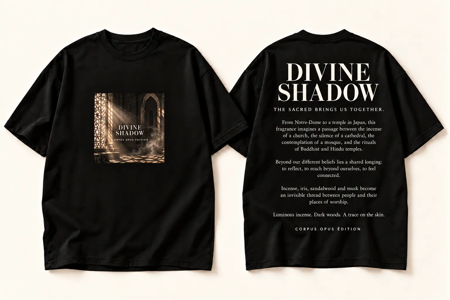 Design study of a black Corpus Opus Édition Divine Shadow T-shirt, with a small square sacred-architecture and incense image on the front and its story on the back