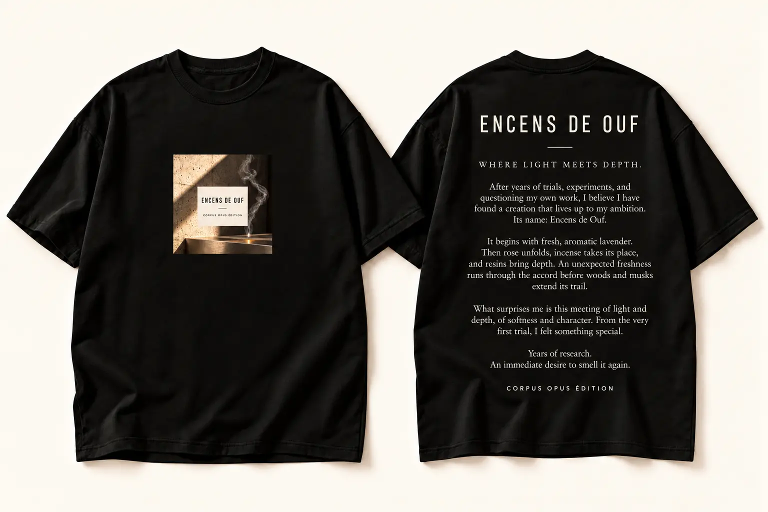 Black Encens de Ouf T-shirt design with a small square of sunlit concrete and incense smoke on the front and the English fragrance story on the back