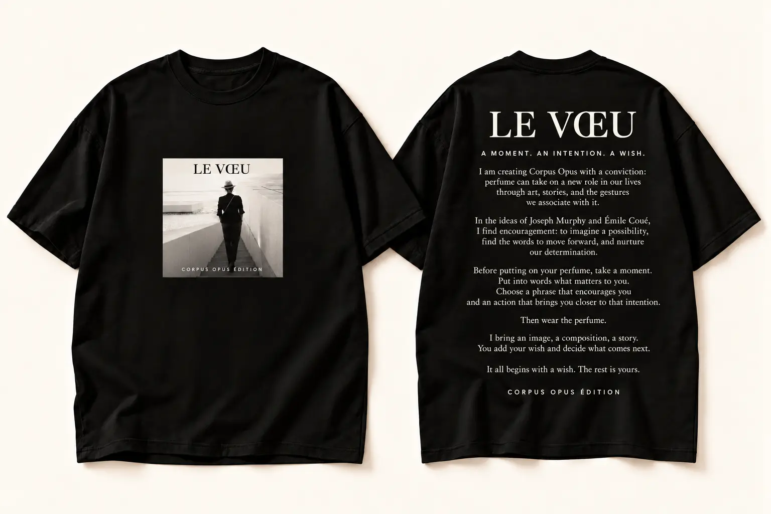 Black Le Vœu T-shirt design with a small monochrome stairway photograph on the front and the personal ritual story in English on the back