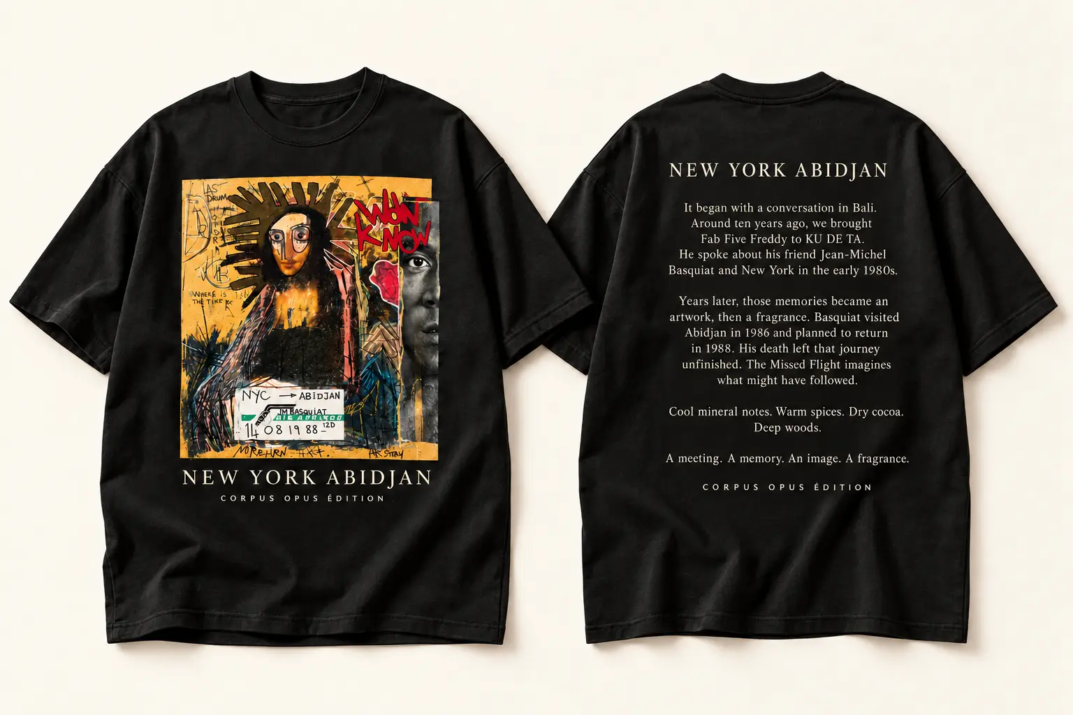 Design study for a black Corpus Opus Édition T-shirt, showing the New York Abidjan artwork on the front and the story of the fragrance on the back