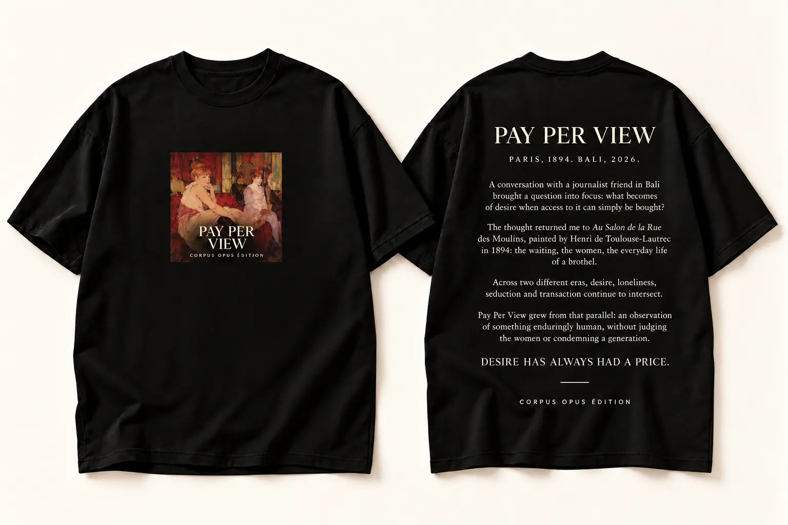 Black Pay Per View T-shirt design with a small square salon painting on the front and the English story on the back