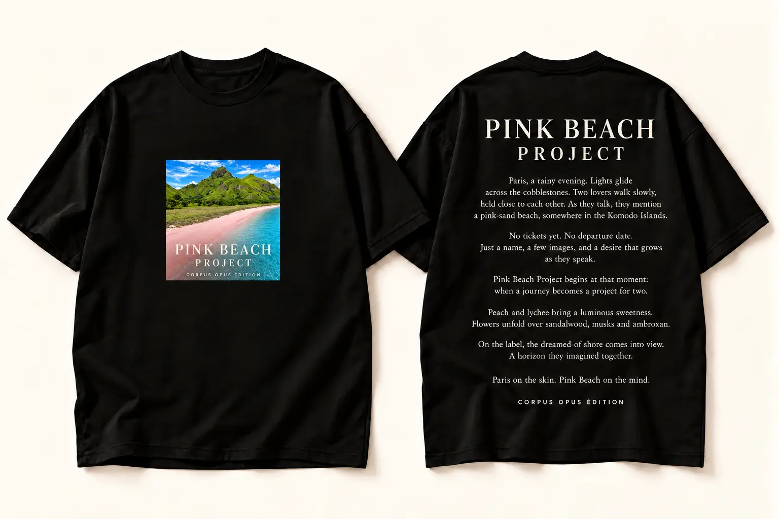Black Pink Beach Project T-shirt design, small square pink-beach landscape on the front and their story in English on the back