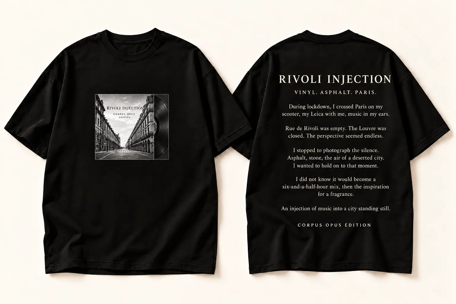 Design study of a black Corpus Opus Édition Rivoli Injection T-shirt, with a small square monochrome Paris-and-vinyl artwork on the front and the lockdown story on the back