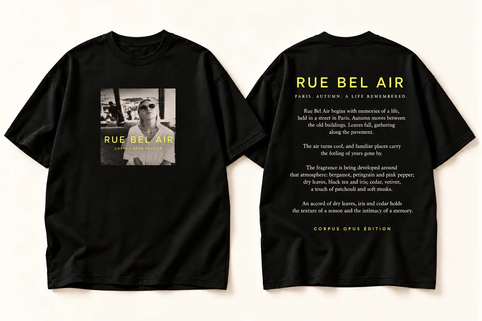 Black Rue Bel Air T-shirt design with a small monochrome portrait and yellow title on the front and the Paris autumn story in English on the back
