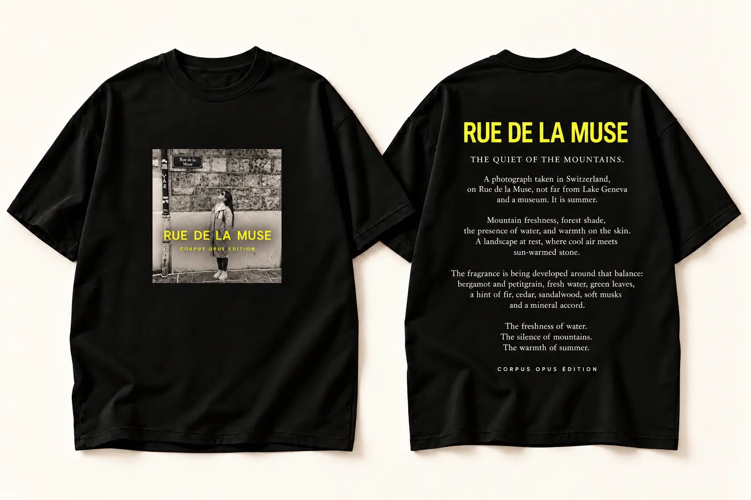 Black Rue de la Muse T-shirt design, small monochrome street portrait with yellow lettering on the front and English summer story on the back