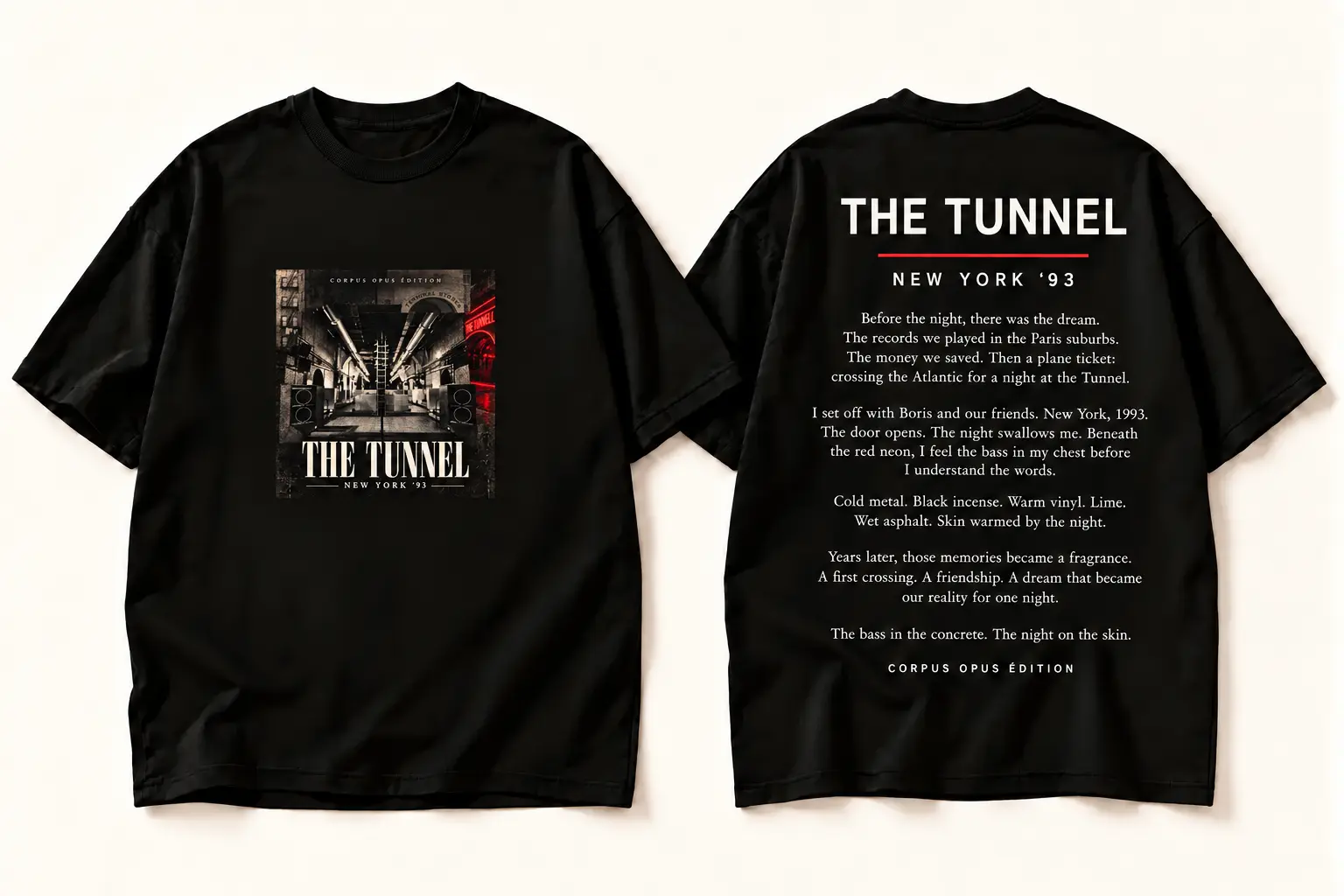 Design study of a black Corpus Opus Édition The Tunnel T-shirt with a small square archival industrial collage on the front and the story of 1993 on the back